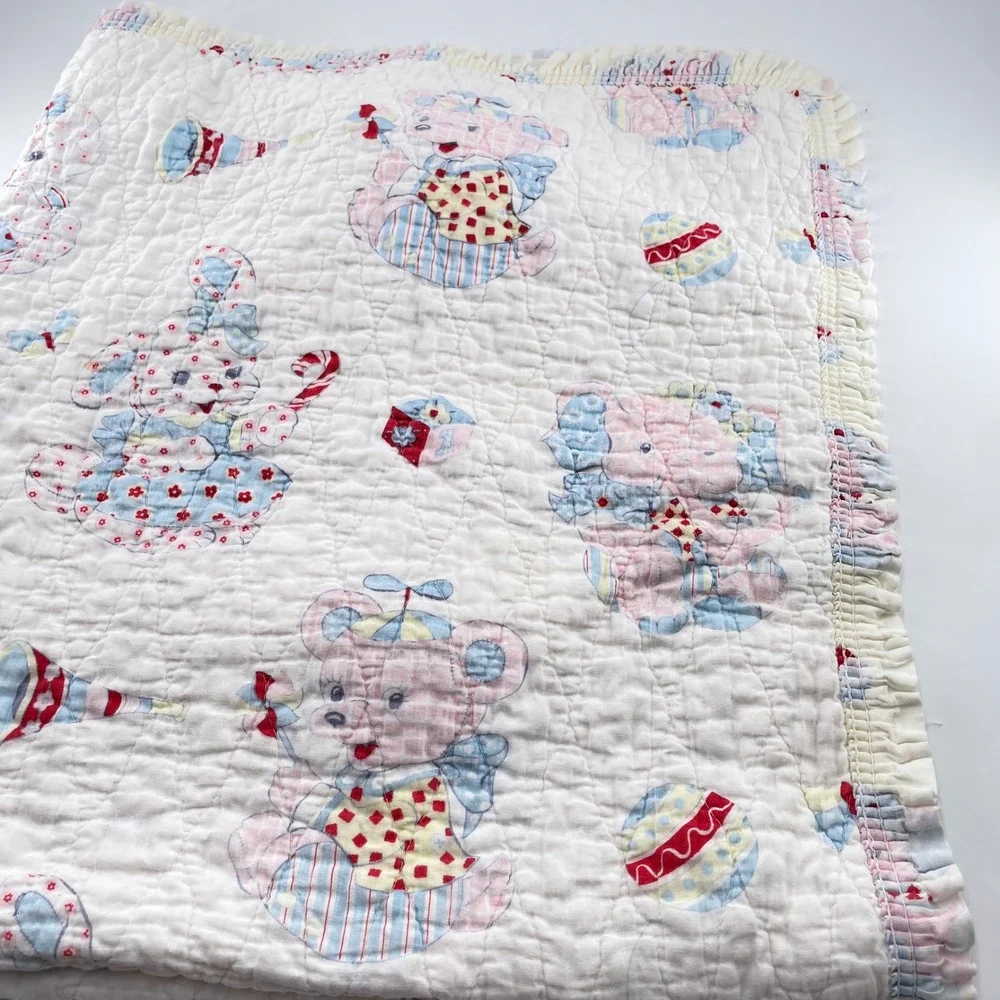 Vintage Quilted Baby Blanket Pastel Ruffled Circus Animal Elephant Bear Bunny